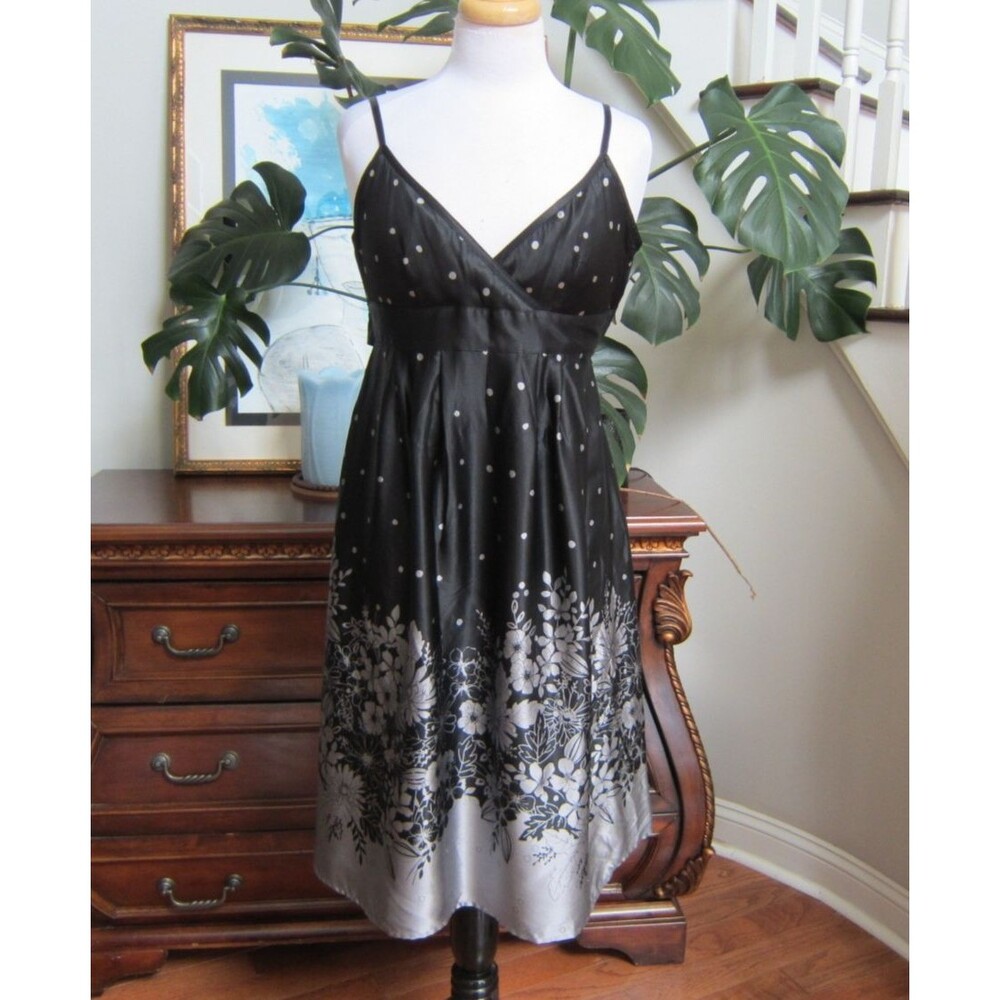 TED BAKER Black & Silver Floral Silk Belted Fit & Flare Dress Ted Size 2, US 6